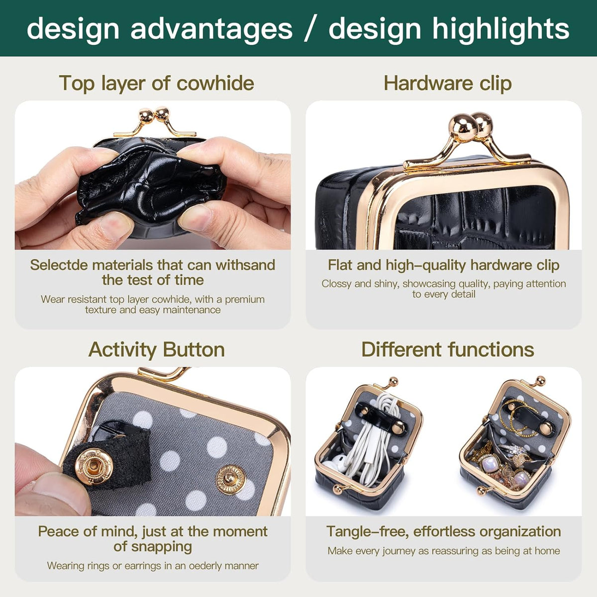 Travel Jewelry Organizer Case, Black Crocodile Pattern Leather, Small Portable Jewelry Box with Kiss Lock Clasp, mini Jewelry Roll for Women girl (Milk Tea, S)