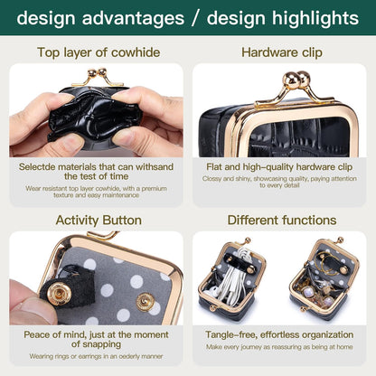 Travel Jewelry Organizer Case, Black Crocodile Pattern Leather, Small Portable Jewelry Box with Kiss Lock Clasp, mini Jewelry Roll for Women girl (Milk Tea, S)