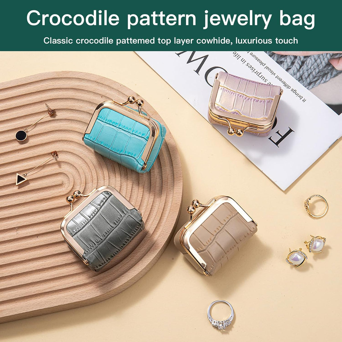 Travel Jewelry Organizer Case, Black Crocodile Pattern Leather, Small Portable Jewelry Box with Kiss Lock Clasp, mini Jewelry Roll for Women girl (Milk Tea, S)