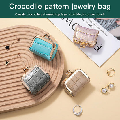 Travel Jewelry Organizer Case, Black Crocodile Pattern Leather, Small Portable Jewelry Box with Kiss Lock Clasp, mini Jewelry Roll for Women girl (Milk Tea, S)