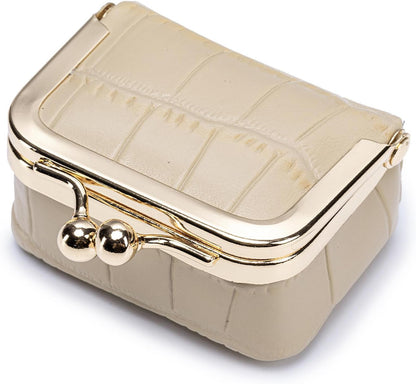 Travel Jewelry Organizer Case, Black Crocodile Pattern Leather, Small Portable Jewelry Box with Kiss Lock Clasp, mini Jewelry Roll for Women girl (Milk Tea, S)