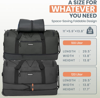 Collapsible & Expandable 100L-120L Large Rolling Duffle Bag - 30'' Waterproof Wheeled Luggage with No-Sag Heavyload Design, Lock & Soft Handle for Travel, Camping, Dorm, Moving (Red-2)