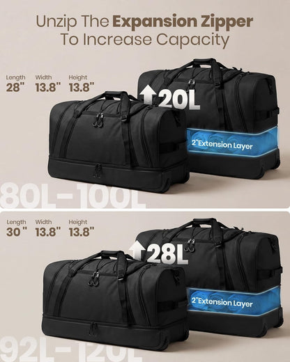 Collapsible & Expandable 100L-120L Large Rolling Duffle Bag - 30'' Waterproof Wheeled Luggage with No-Sag Heavyload Design, Lock & Soft Handle for Travel, Camping, Dorm, Moving (Red-2)