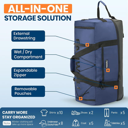 Collapsible & Expandable 100L-120L Large Rolling Duffle Bag - 30'' Waterproof Wheeled Luggage with No-Sag Heavyload Design, Lock & Soft Handle for Travel, Camping, Dorm, Moving (Red-2)