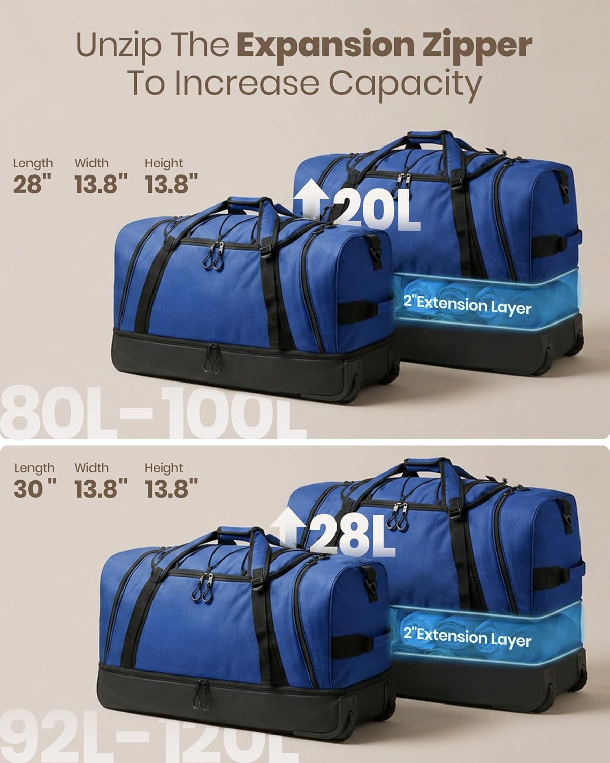 Collapsible & Expandable 100L-120L Large Rolling Duffle Bag - 30'' Waterproof Wheeled Luggage with No-Sag Heavyload Design, Lock & Soft Handle for Travel, Camping, Dorm, Moving (Red-2)
