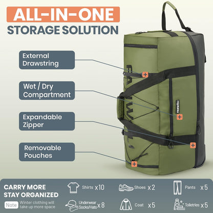 Collapsible & Expandable 100L-120L Large Rolling Duffle Bag - 30'' Waterproof Wheeled Luggage with No-Sag Heavyload Design, Lock & Soft Handle for Travel, Camping, Dorm, Moving (Red-2)