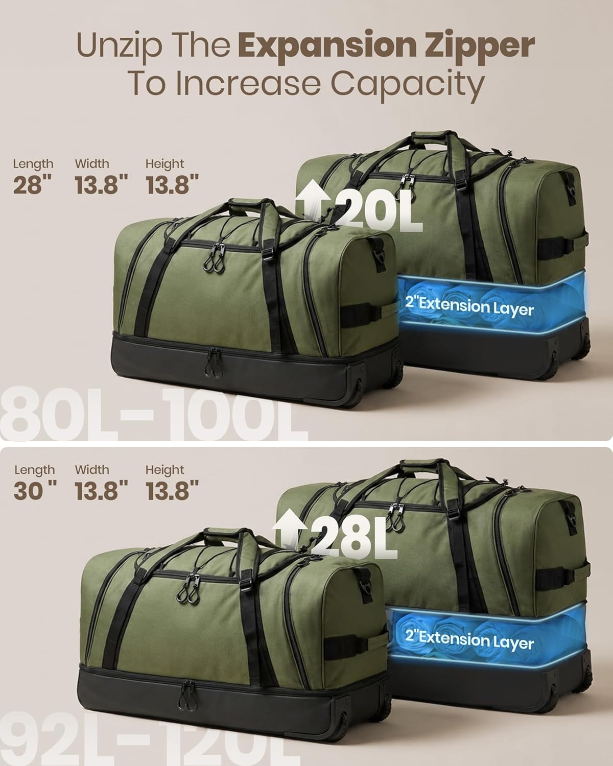 Collapsible & Expandable 100L-120L Large Rolling Duffle Bag - 30'' Waterproof Wheeled Luggage with No-Sag Heavyload Design, Lock & Soft Handle for Travel, Camping, Dorm, Moving (Red-2)