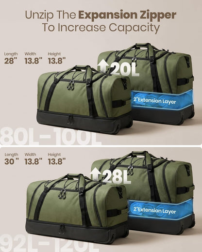 Collapsible & Expandable 100L-120L Large Rolling Duffle Bag - 30'' Waterproof Wheeled Luggage with No-Sag Heavyload Design, Lock & Soft Handle for Travel, Camping, Dorm, Moving (Red-2)