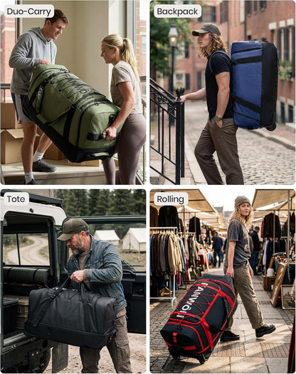 Collapsible & Expandable 100L-120L Large Rolling Duffle Bag - 30'' Waterproof Wheeled Luggage with No-Sag Heavyload Design, Lock & Soft Handle for Travel, Camping, Dorm, Moving (Red-2)