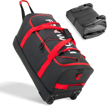 Collapsible & Expandable 100L-120L Large Rolling Duffle Bag - 30'' Waterproof Wheeled Luggage with No-Sag Heavyload Design, Lock & Soft Handle for Travel, Camping, Dorm, Moving (Red-2)