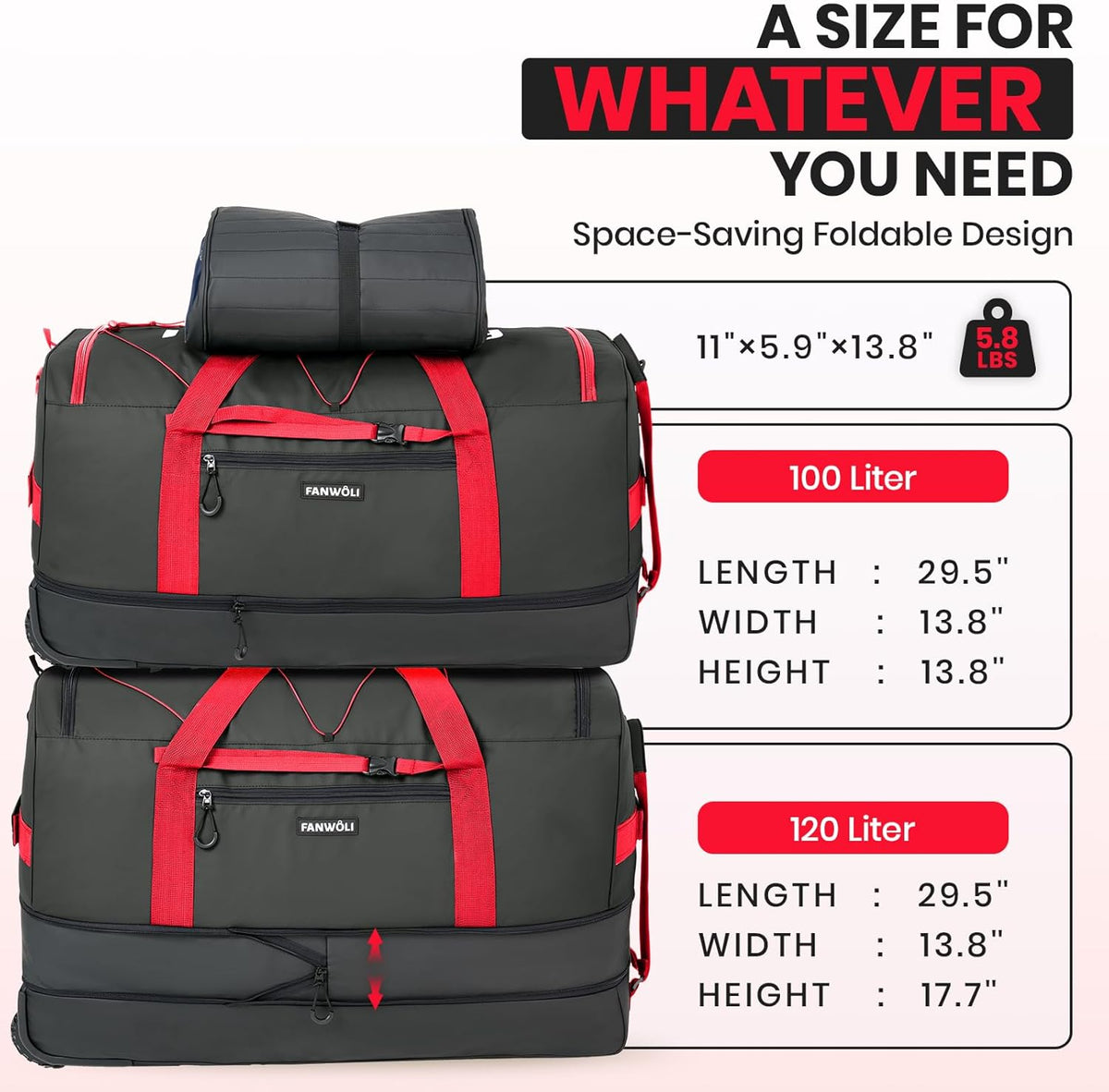 Collapsible & Expandable 100L-120L Large Rolling Duffle Bag - 30'' Waterproof Wheeled Luggage with No-Sag Heavyload Design, Lock & Soft Handle for Travel, Camping, Dorm, Moving (Red-2)