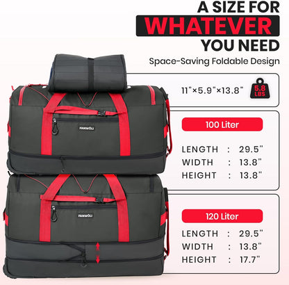 Collapsible & Expandable 100L-120L Large Rolling Duffle Bag - 30'' Waterproof Wheeled Luggage with No-Sag Heavyload Design, Lock & Soft Handle for Travel, Camping, Dorm, Moving (Red-2)