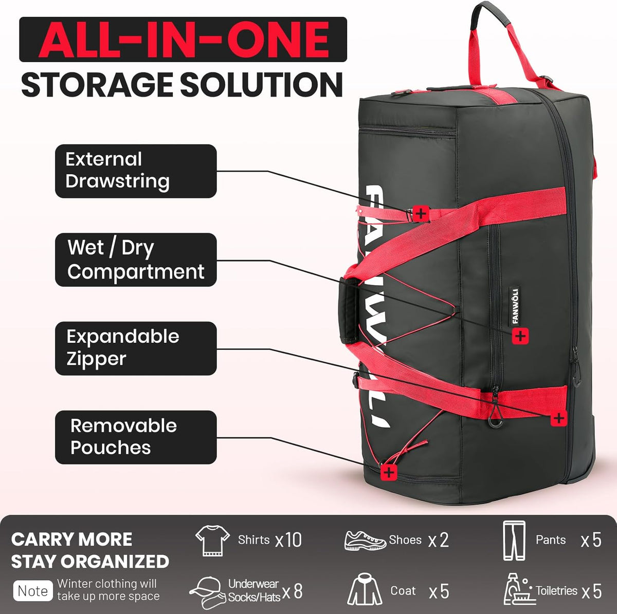 Collapsible & Expandable 100L-120L Large Rolling Duffle Bag - 30'' Waterproof Wheeled Luggage with No-Sag Heavyload Design, Lock & Soft Handle for Travel, Camping, Dorm, Moving (Red-2)