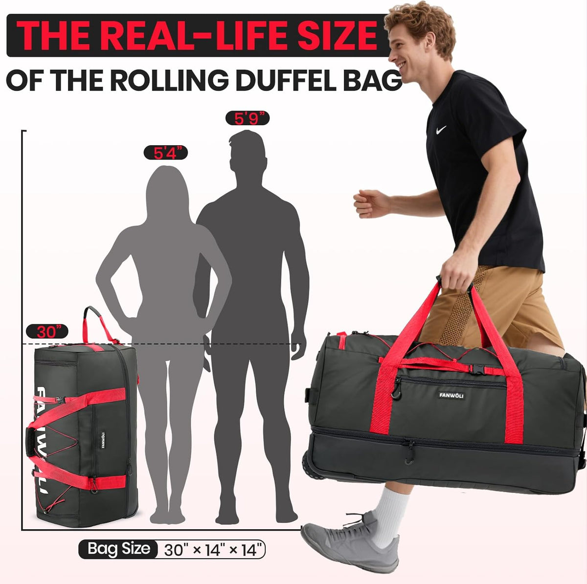 Collapsible & Expandable 100L-120L Large Rolling Duffle Bag - 30'' Waterproof Wheeled Luggage with No-Sag Heavyload Design, Lock & Soft Handle for Travel, Camping, Dorm, Moving (Red-2)