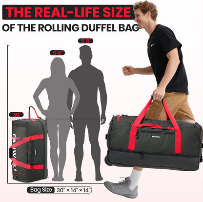Collapsible & Expandable 100L-120L Large Rolling Duffle Bag - 30'' Waterproof Wheeled Luggage with No-Sag Heavyload Design, Lock & Soft Handle for Travel, Camping, Dorm, Moving (Red-2)