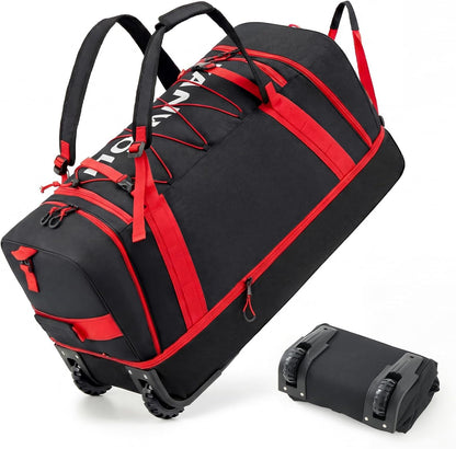 Collapsible & Expandable 100L-120L Large Rolling Duffle Bag - 30'' Waterproof Wheeled Luggage with No-Sag Heavyload Design, Lock & Soft Handle for Travel, Camping, Dorm, Moving (Red-2)