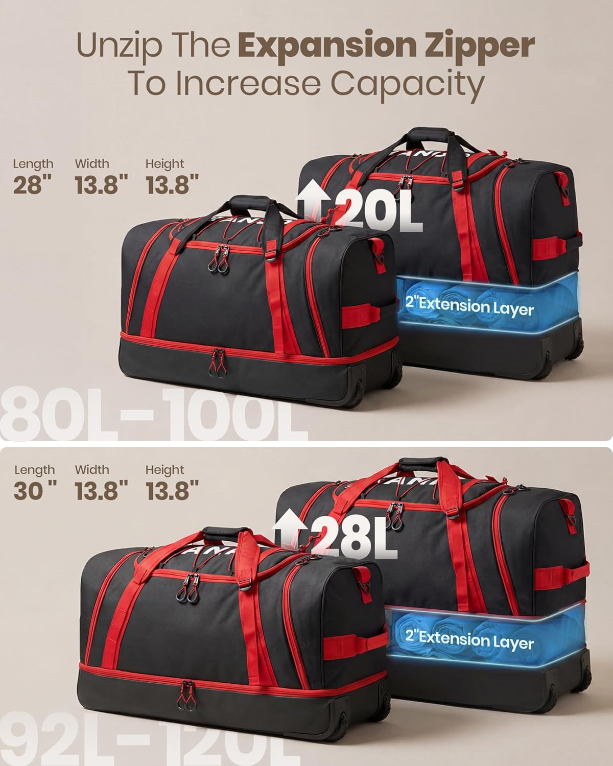 Collapsible & Expandable 100L-120L Large Rolling Duffle Bag - 30'' Waterproof Wheeled Luggage with No-Sag Heavyload Design, Lock & Soft Handle for Travel, Camping, Dorm, Moving (Red-2)