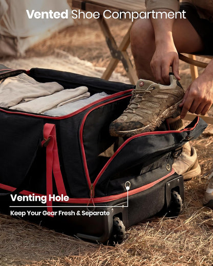 Collapsible & Expandable 100L-120L Large Rolling Duffle Bag - 30'' Waterproof Wheeled Luggage with No-Sag Heavyload Design, Lock & Soft Handle for Travel, Camping, Dorm, Moving (Red-2)