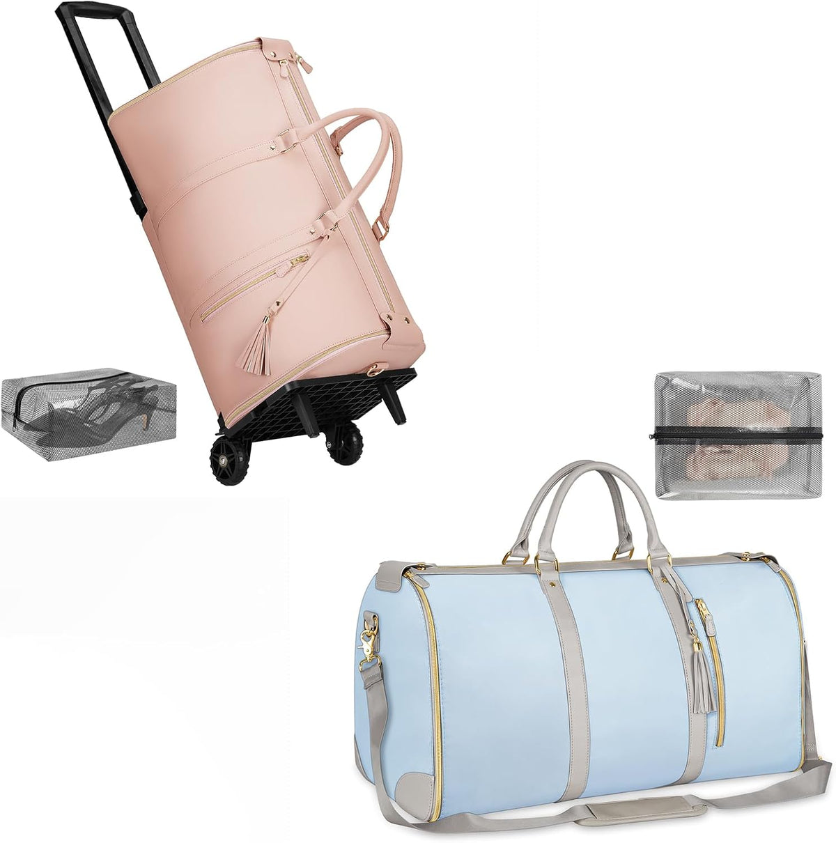Rolling Garment Bags for Travel, Convertible Carry On PU Leather Travel Bag 2.0 Roller Edition, 3 in 1 Suit Garment Duffle Bag with Wheels and Shoe Pouch, Garment Duffle Bags for Travel
