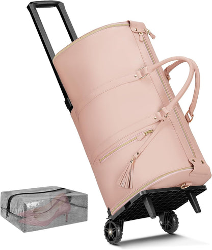 Rolling Garment Bags for Travel, Convertible Carry On PU Leather Travel Bag 2.0 Roller Edition, 3 in 1 Suit Garment Duffle Bag with Wheels and Shoe Pouch, Garment Duffle Bags for Travel