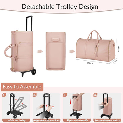 Rolling Garment Bags for Travel, Convertible Carry On PU Leather Travel Bag 2.0 Roller Edition, 3 in 1 Suit Garment Duffle Bag with Wheels and Shoe Pouch, Garment Duffle Bags for Travel