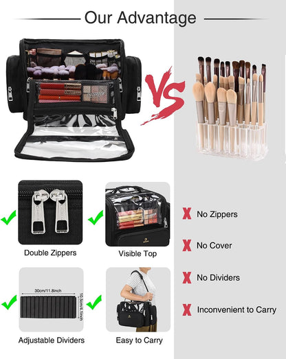 Makeup Brush Bag, Clear Makeup Brush Holder with Lid, Extra Large Capacity Travel Cosmetic Bag Makeup Artist Must Haves, Black Makeup Case, Make Up Organizers and Storage, with Adjustable Dividers