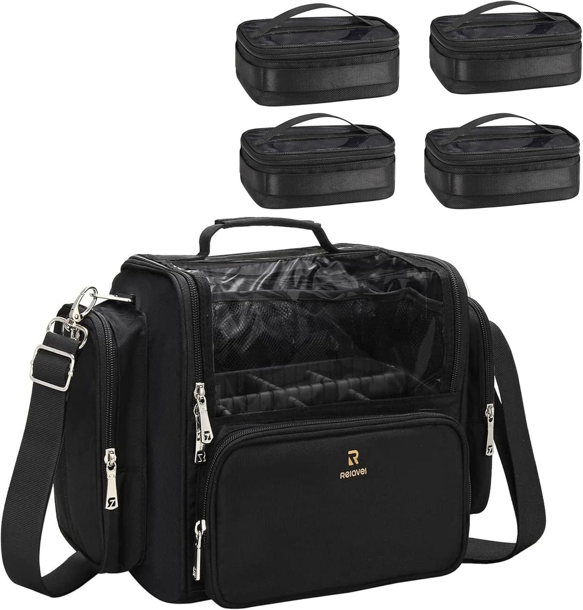 Makeup Brush Bag, Clear Makeup Brush Holder with Lid, Extra Large Capacity Travel Cosmetic Bag Makeup Artist Must Haves, Black Makeup Case, Make Up Organizers and Storage, with Adjustable Dividers
