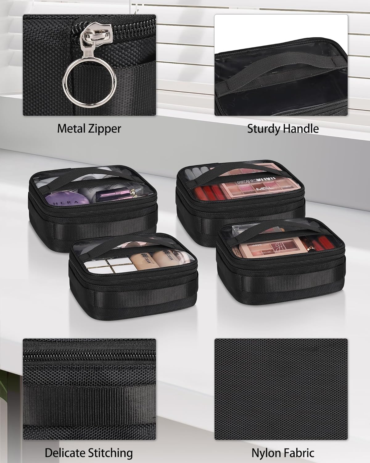 Makeup Brush Bag, Clear Makeup Brush Holder with Lid, Extra Large Capacity Travel Cosmetic Bag Makeup Artist Must Haves, Black Makeup Case, Make Up Organizers and Storage, with Adjustable Dividers