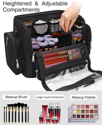Makeup Brush Bag, Clear Makeup Brush Holder with Lid, Extra Large Capacity Travel Cosmetic Bag Makeup Artist Must Haves, Black Makeup Case, Make Up Organizers and Storage, with Adjustable Dividers