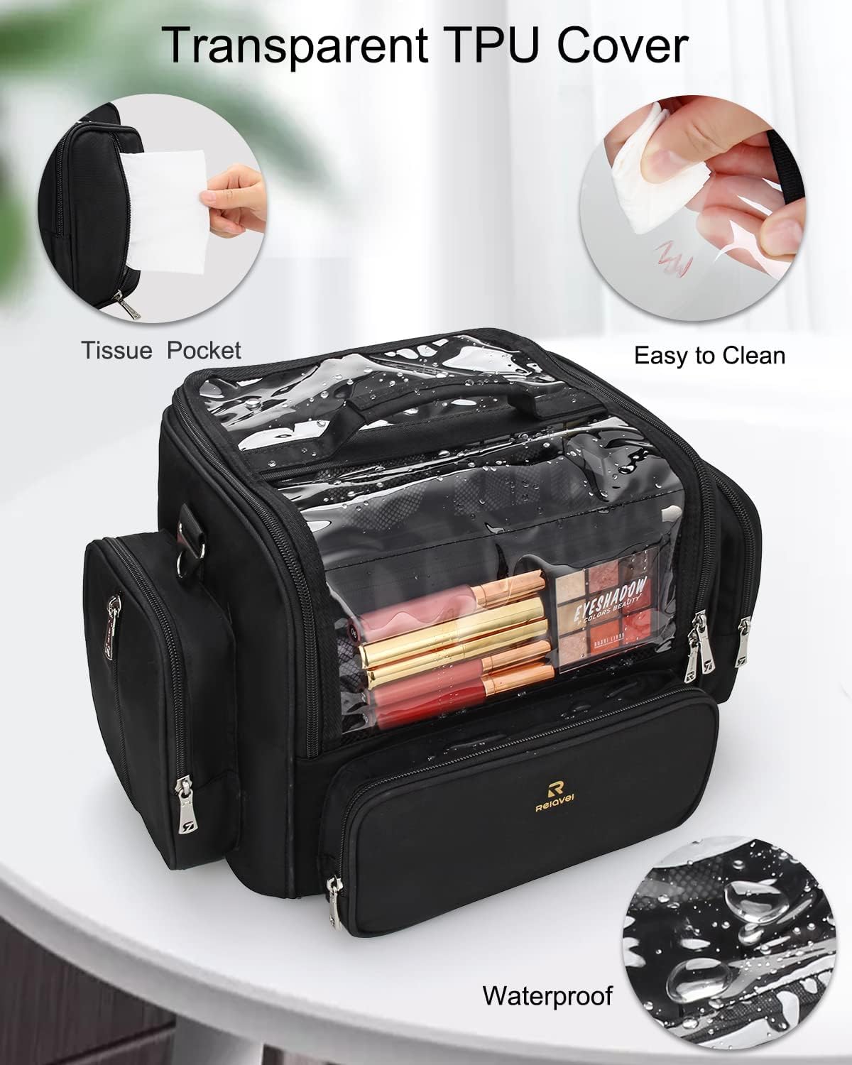 Makeup Brush Bag, Clear Makeup Brush Holder with Lid, Extra Large Capacity Travel Cosmetic Bag Makeup Artist Must Haves, Black Makeup Case, Make Up Organizers and Storage, with Adjustable Dividers