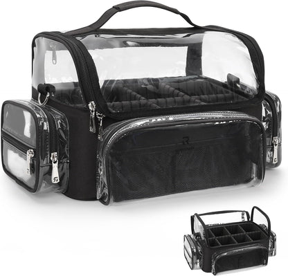 Makeup Brush Bag, Clear Makeup Brush Holder with Lid, Extra Large Capacity Travel Cosmetic Bag Makeup Artist Must Haves, Black Makeup Case, Make Up Organizers and Storage, with Adjustable Dividers