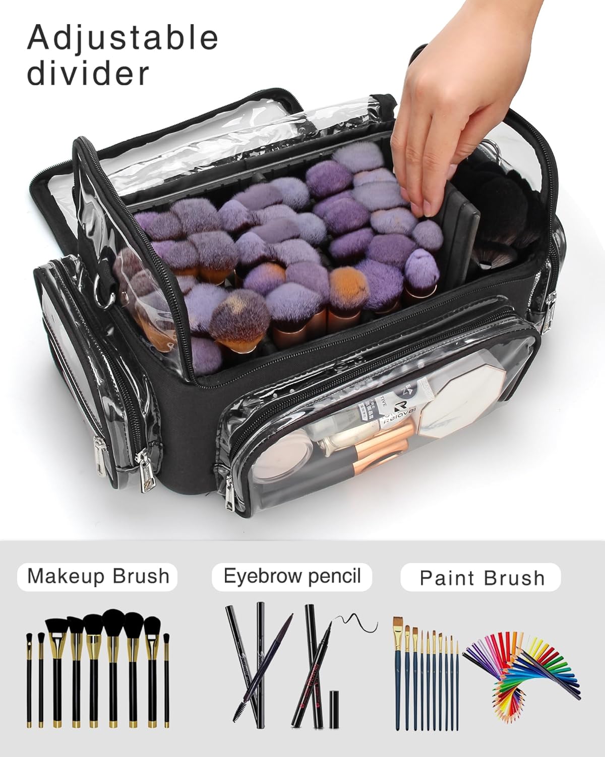 Makeup Brush Bag, Clear Makeup Brush Holder with Lid, Extra Large Capacity Travel Cosmetic Bag Makeup Artist Must Haves, Black Makeup Case, Make Up Organizers and Storage, with Adjustable Dividers