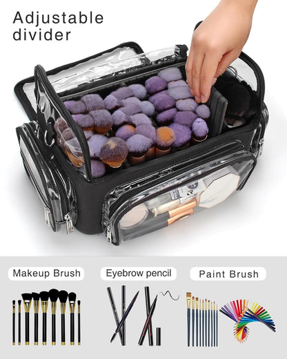 Makeup Brush Bag, Clear Makeup Brush Holder with Lid, Extra Large Capacity Travel Cosmetic Bag Makeup Artist Must Haves, Black Makeup Case, Make Up Organizers and Storage, with Adjustable Dividers