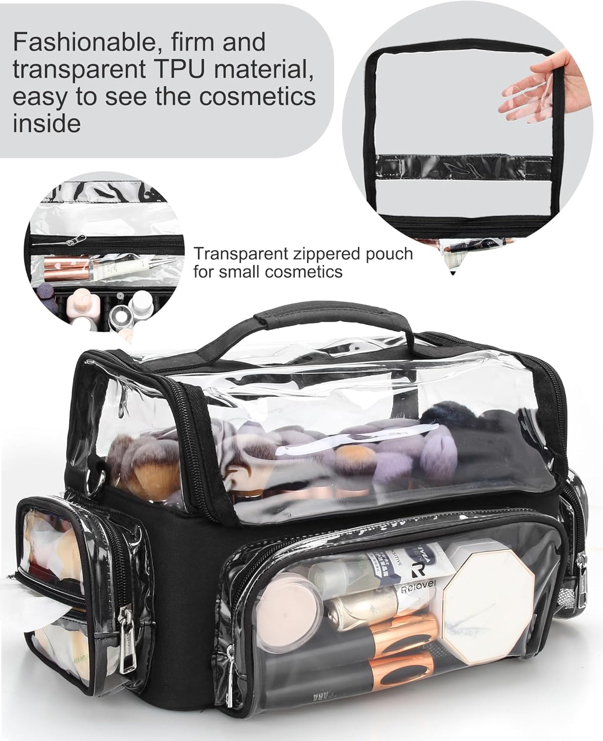 Makeup Brush Bag, Clear Makeup Brush Holder with Lid, Extra Large Capacity Travel Cosmetic Bag Makeup Artist Must Haves, Black Makeup Case, Make Up Organizers and Storage, with Adjustable Dividers