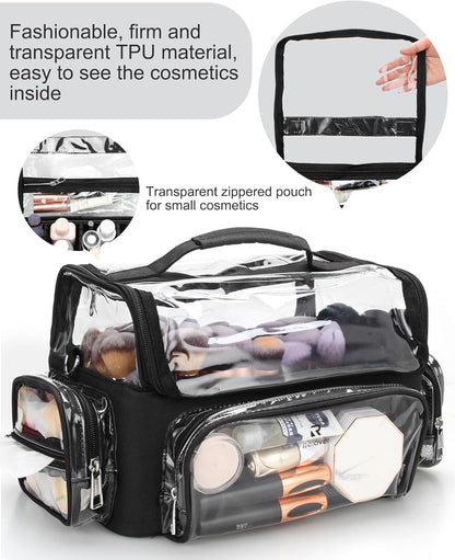 Makeup Brush Bag, Clear Makeup Brush Holder with Lid, Extra Large Capacity Travel Cosmetic Bag Makeup Artist Must Haves, Black Makeup Case, Make Up Organizers and Storage, with Adjustable Dividers
