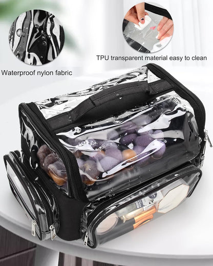 Makeup Brush Bag, Clear Makeup Brush Holder with Lid, Extra Large Capacity Travel Cosmetic Bag Makeup Artist Must Haves, Black Makeup Case, Make Up Organizers and Storage, with Adjustable Dividers
