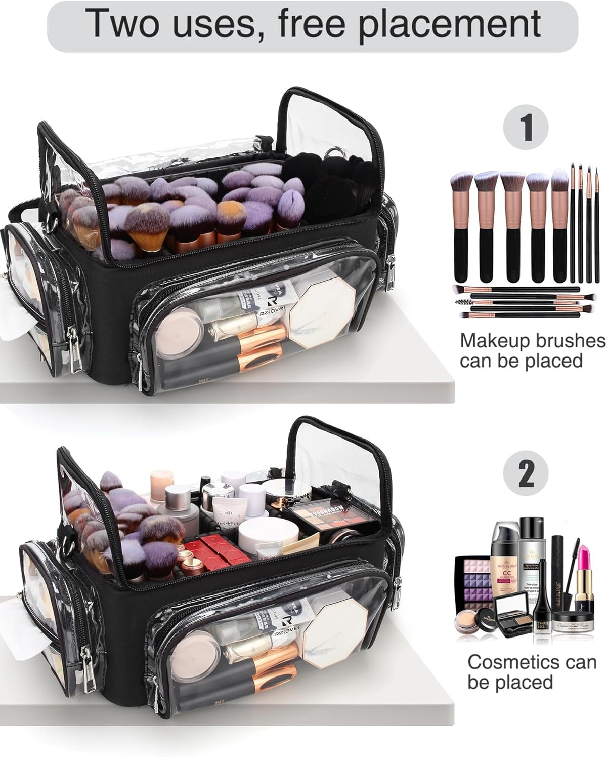Makeup Brush Bag, Clear Makeup Brush Holder with Lid, Extra Large Capacity Travel Cosmetic Bag Makeup Artist Must Haves, Black Makeup Case, Make Up Organizers and Storage, with Adjustable Dividers