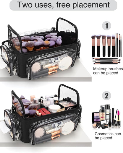 Makeup Brush Bag, Clear Makeup Brush Holder with Lid, Extra Large Capacity Travel Cosmetic Bag Makeup Artist Must Haves, Black Makeup Case, Make Up Organizers and Storage, with Adjustable Dividers