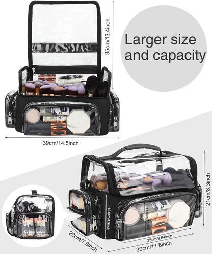 Makeup Brush Bag, Clear Makeup Brush Holder with Lid, Extra Large Capacity Travel Cosmetic Bag Makeup Artist Must Haves, Black Makeup Case, Make Up Organizers and Storage, with Adjustable Dividers