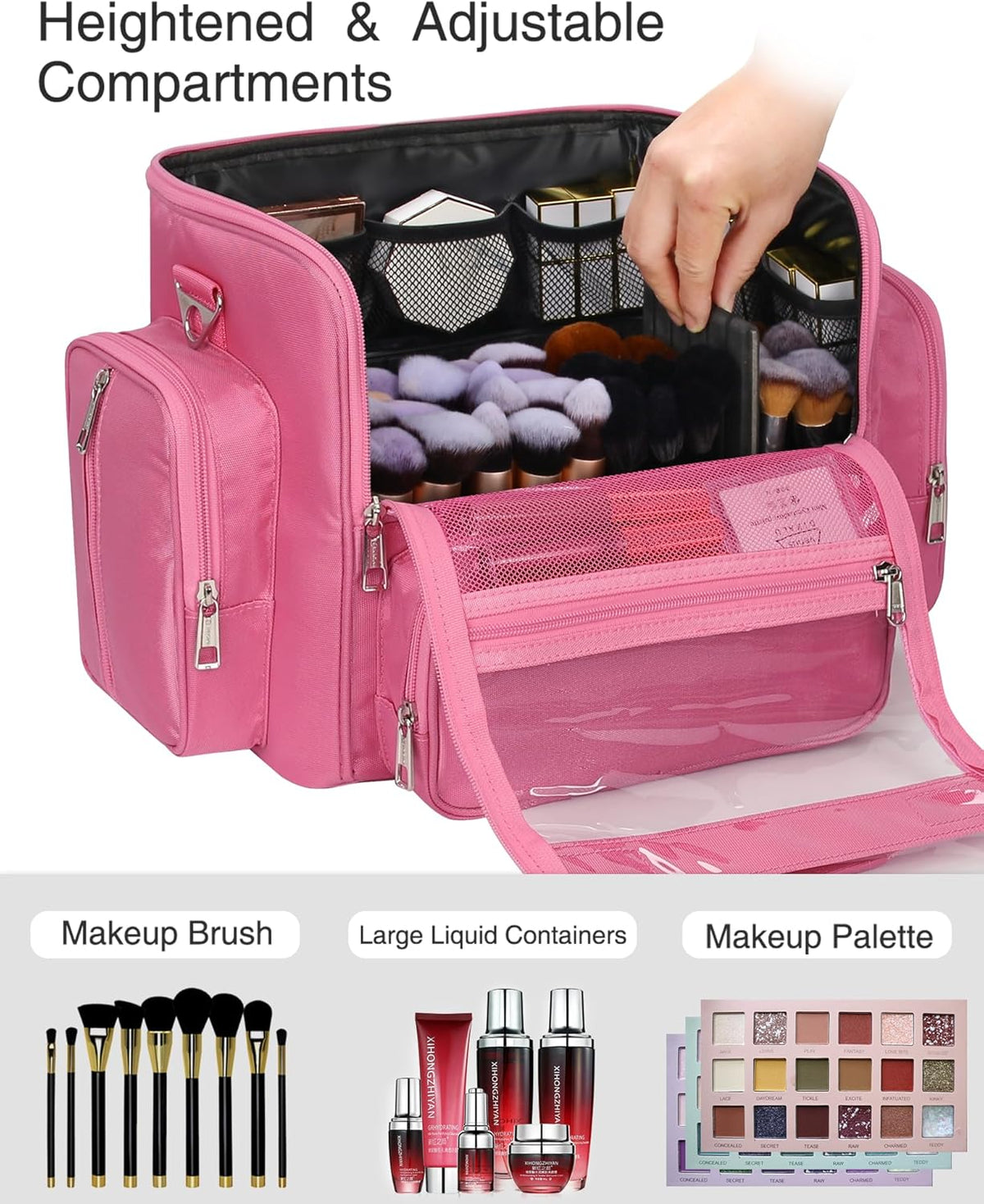 Makeup Brush Bag, Clear Makeup Brush Holder with Lid, Extra Large Capacity Travel Cosmetic Bag Makeup Artist Must Haves, Black Makeup Case, Make Up Organizers and Storage, with Adjustable Dividers