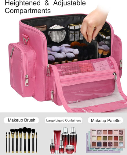 Makeup Brush Bag, Clear Makeup Brush Holder with Lid, Extra Large Capacity Travel Cosmetic Bag Makeup Artist Must Haves, Black Makeup Case, Make Up Organizers and Storage, with Adjustable Dividers