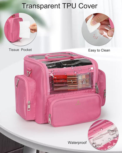 Makeup Brush Bag, Clear Makeup Brush Holder with Lid, Extra Large Capacity Travel Cosmetic Bag Makeup Artist Must Haves, Black Makeup Case, Make Up Organizers and Storage, with Adjustable Dividers