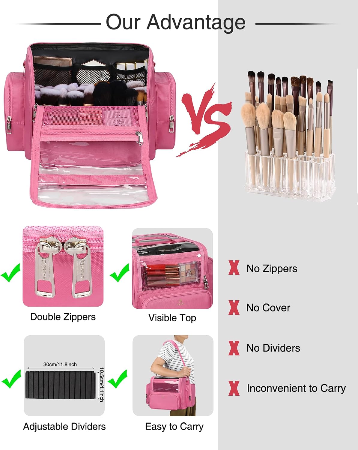 Makeup Brush Bag, Clear Makeup Brush Holder with Lid, Extra Large Capacity Travel Cosmetic Bag Makeup Artist Must Haves, Black Makeup Case, Make Up Organizers and Storage, with Adjustable Dividers