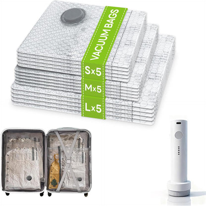 15 Pack Vacuum Bags for Travel with USB Pump,Cordless Travel Vacuum Bag Set for Luggage and Suitcase,Portable Space Saver Storage Seal Packing Bags for Clothing