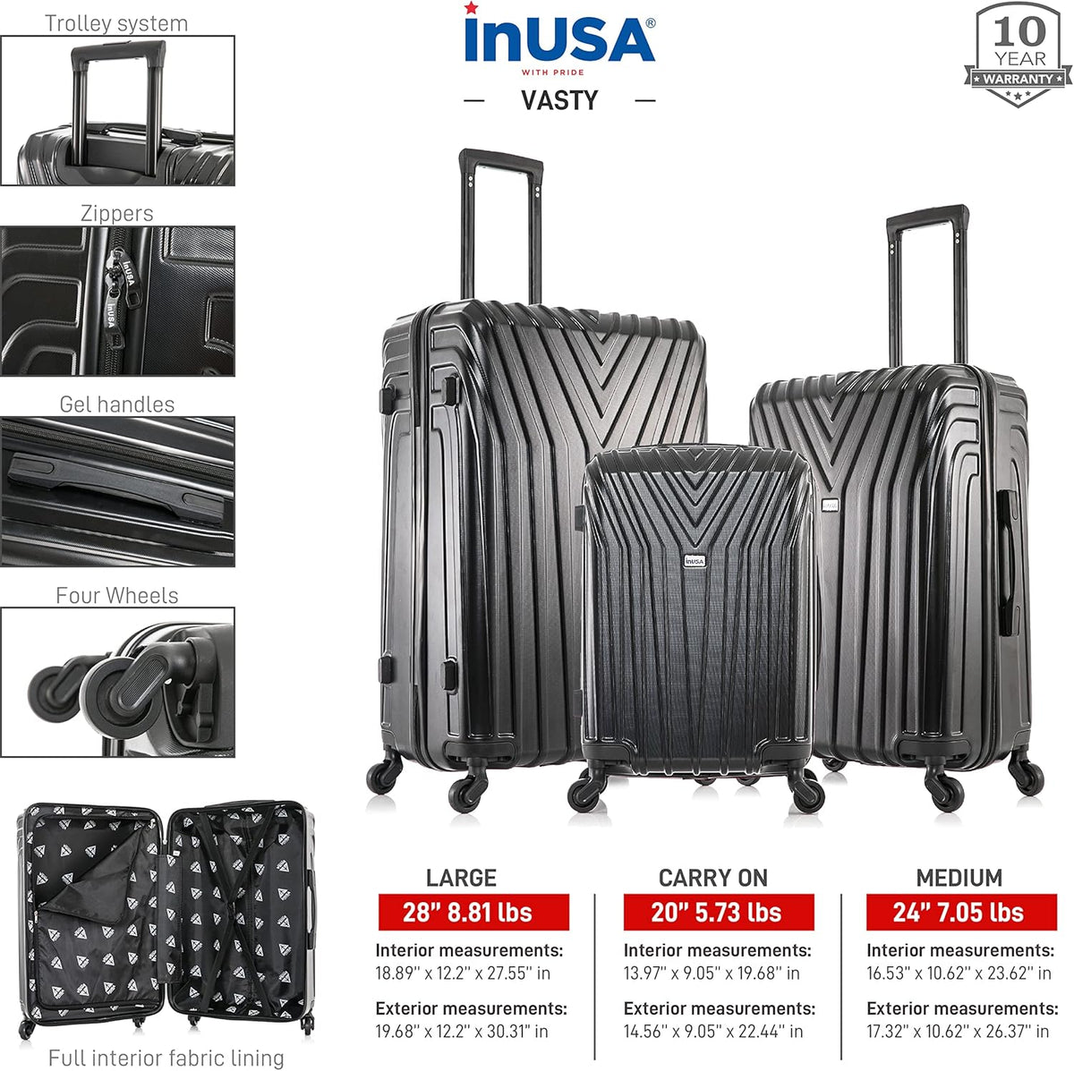 VASTY Luggage with Spinner Wheels | Durable Lightweight Hardshell Suitcase, Travel Bag with Handle and Trolley, 20-Inch Carry On Small Luggage | Black