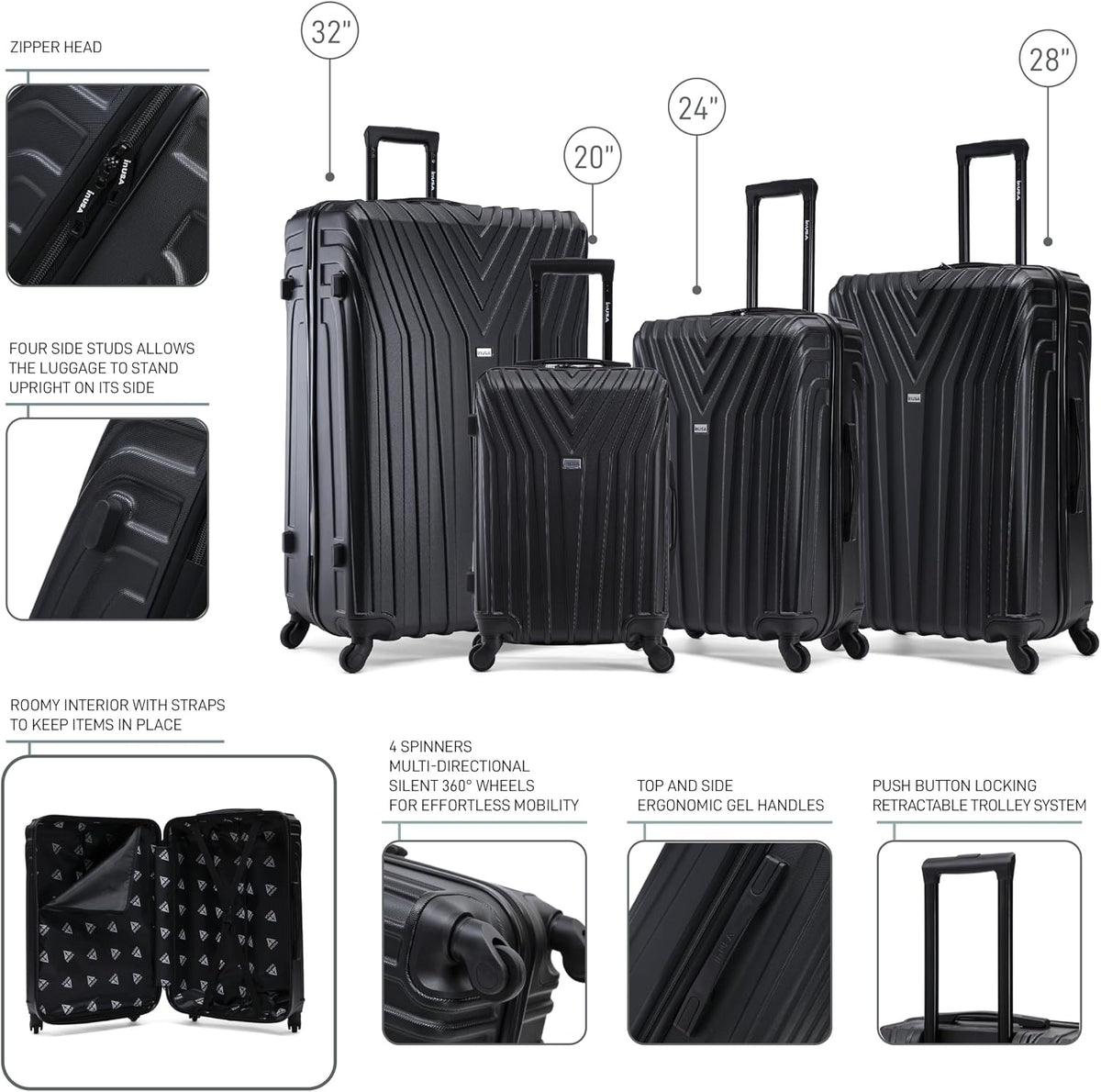 VASTY Luggage with Spinner Wheels | Durable Lightweight Hardshell Suitcase, Travel Bag with Handle and Trolley, 20-Inch Carry On Small Luggage | Black