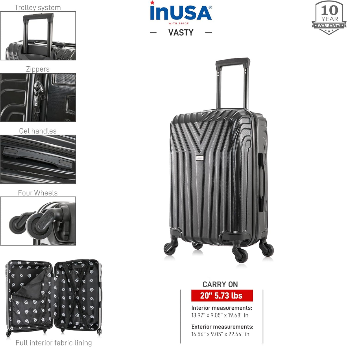 VASTY Luggage with Spinner Wheels | Durable Lightweight Hardshell Suitcase, Travel Bag with Handle and Trolley, 20-Inch Carry On Small Luggage | Black