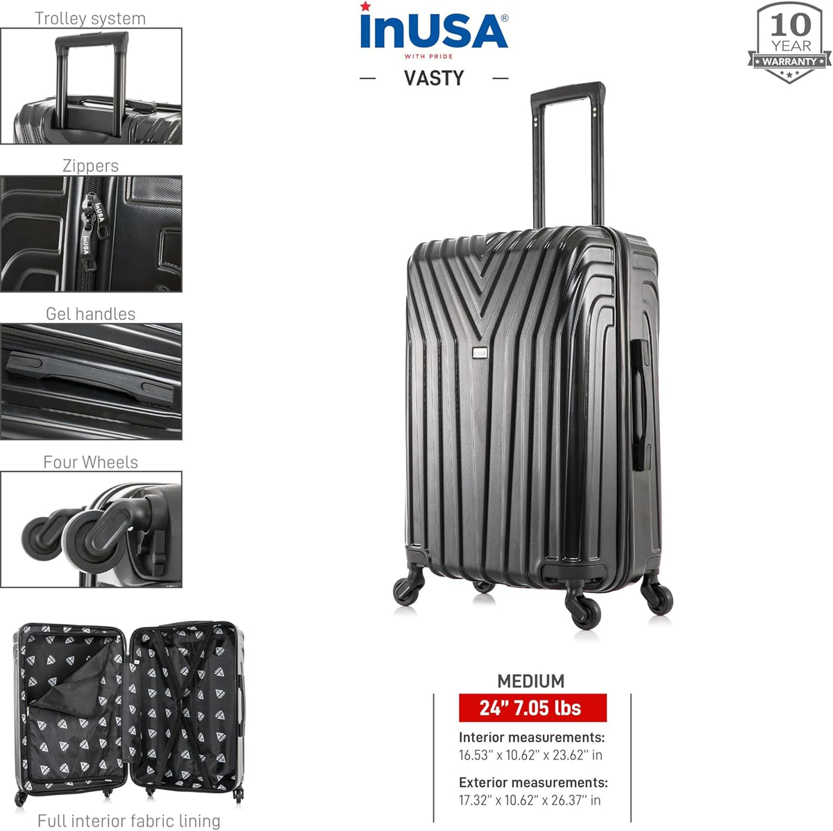 VASTY Luggage with Spinner Wheels | Durable Lightweight Hardshell Suitcase, Travel Bag with Handle and Trolley, 20-Inch Carry On Small Luggage | Black