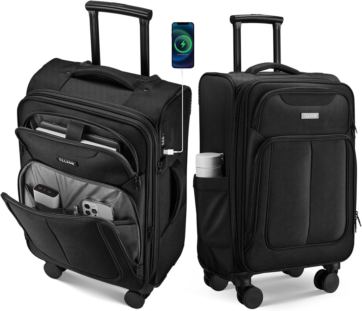 Softside Top Opening Carry On Luggage 22x14x9 Airline Approved, 20 Inch USB Port Suitcases with Spinner Wheels, Expandable luggage with TSA Lock for Women Men (Blue, 20 Inch)