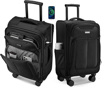 Softside Top Opening Carry On Luggage 22x14x9 Airline Approved, 20 Inch USB Port Suitcases with Spinner Wheels, Expandable luggage with TSA Lock for Women Men (Blue, 20 Inch)